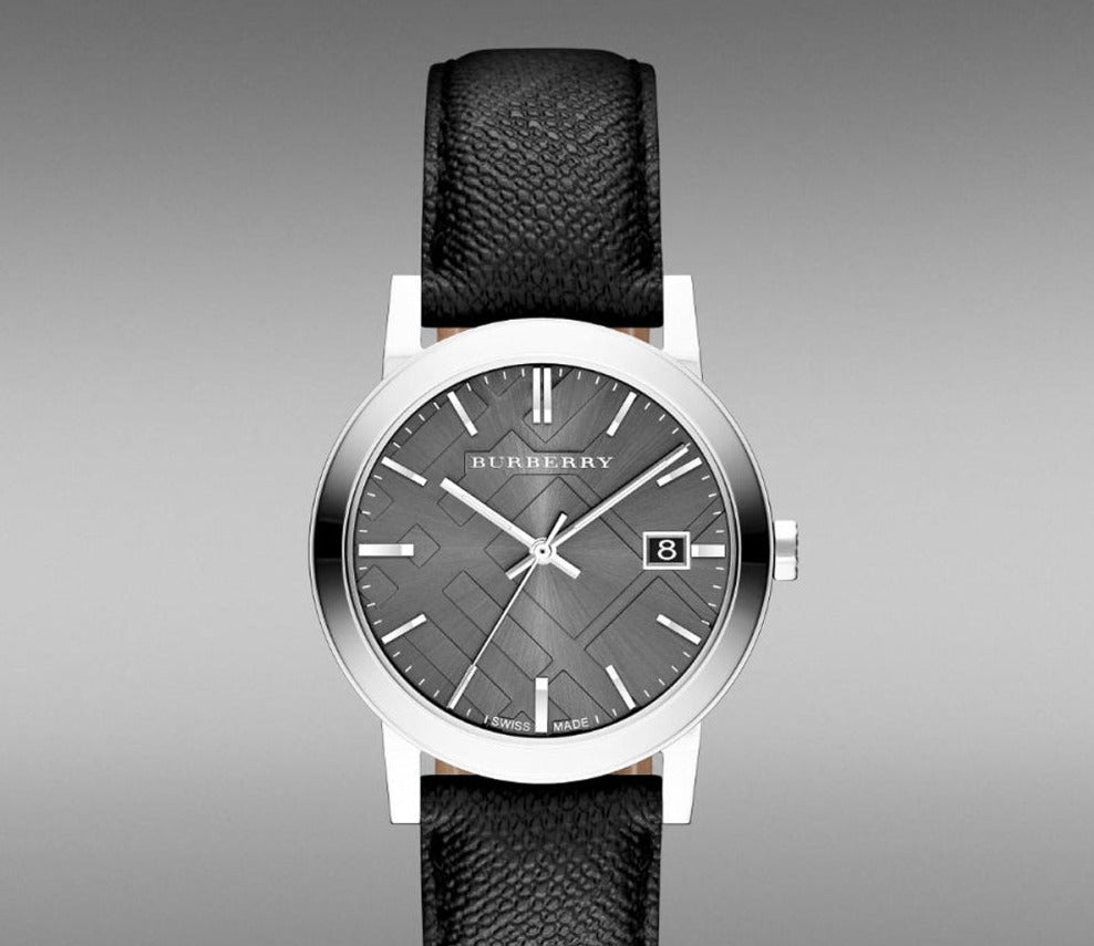 Burberry The City Grey Dial Black Leather Strap Watch for Men - BU9030
