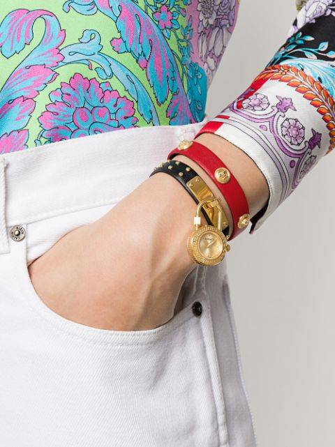 Versace Medusa Lock Icon Gold Dial Red Leather Strap Watch for Women - VEDW00119