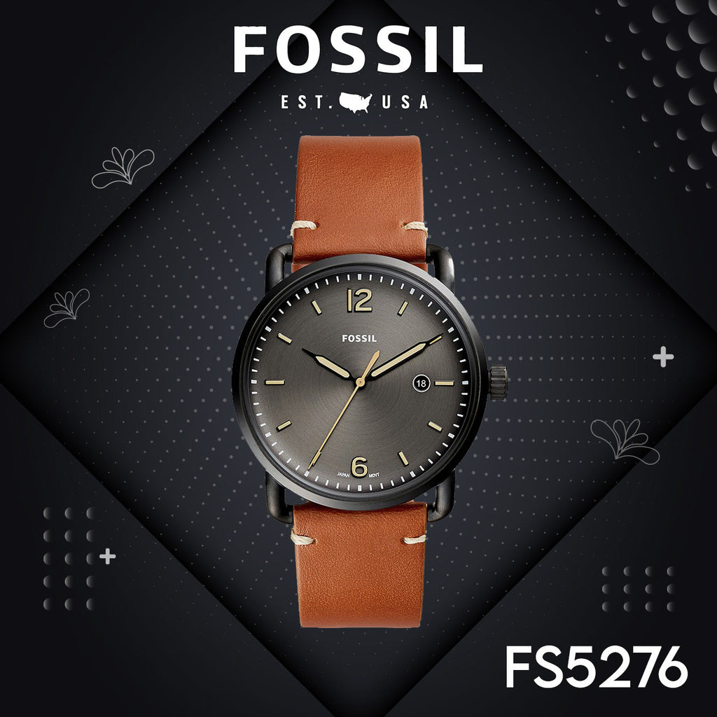 Fossil Commuter Three Hand Date Black Dial Brown Leather Strap Watch for Men - FS5276