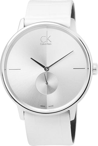 Calvin Klein Accent Silver Dial White Leather Strap Watch for Women - K2Y211K6