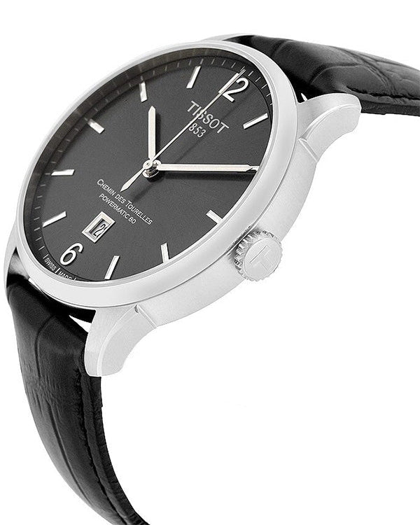 Tissot Chemin Des Tourelles Powermatic 80 Black Dial Black Leather Strap Watch For Men - T099.407.16.447.00