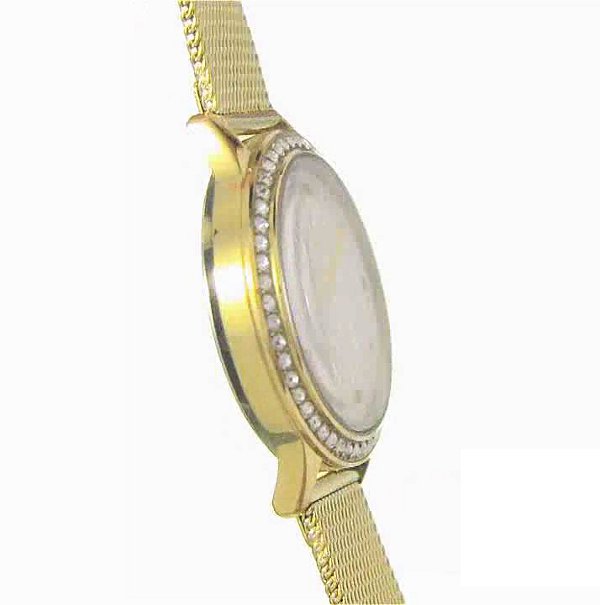 Guess Chelsea Crystals Mother of Pearl White Dial Gold Mesh Bracelet Watch For Women - W0647L7