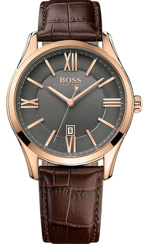 Hugo Boss Ambassador Grey Dial Brown Leather Strap Watch for Men - 1513387