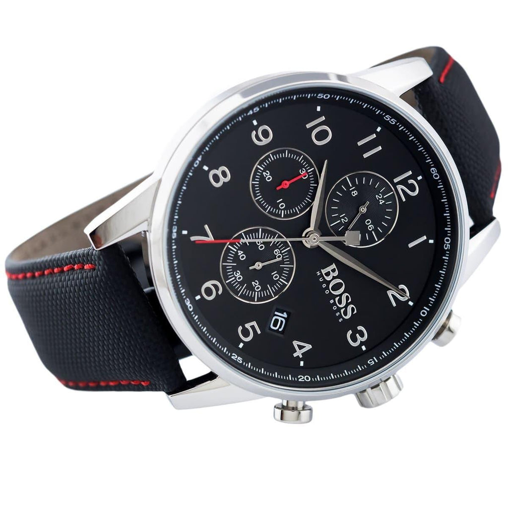 Hugo Boss Navigator Black Dial Black Leather Strap Watch for Men - 1513535