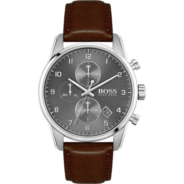 Hugo Boss Skymaster Grey Dial Brown Leather Strap Watch for Men - 1513787