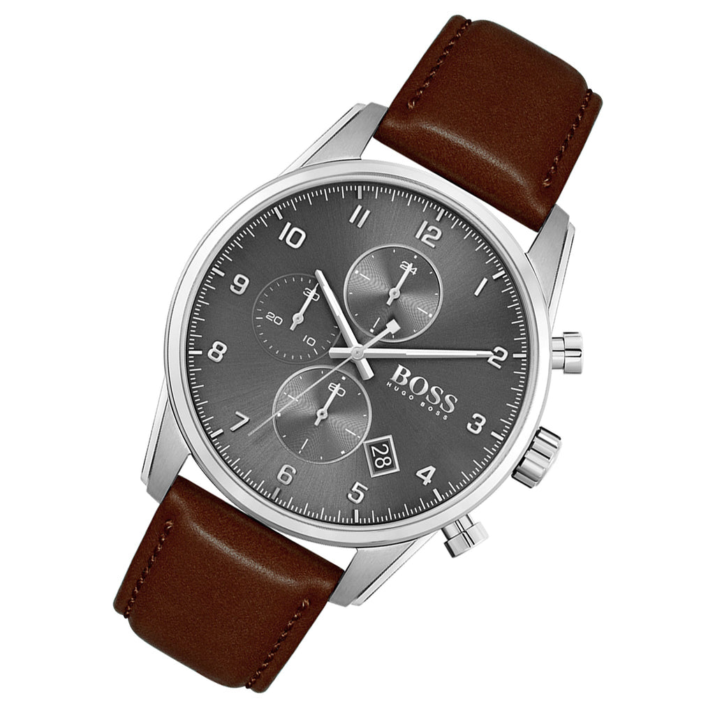 Hugo Boss Skymaster Grey Dial Brown Leather Strap Watch for Men - 1513787