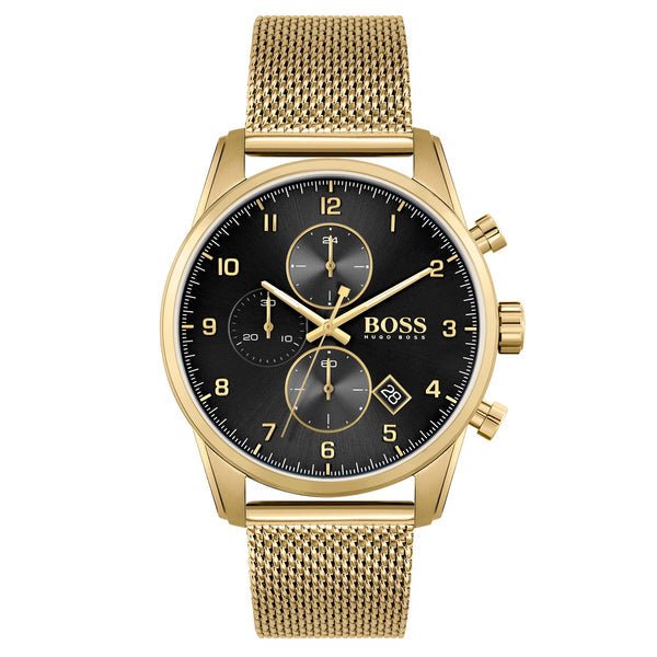 Hugo Boss Skymaster Black Dial Gold Mesh Bracelet Watch for Men - 1513838
