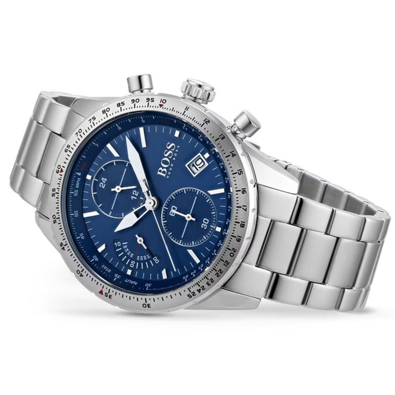 Hugo Boss Pilot Blue Dial Silver Steel Strap Watch for Men - 1513850