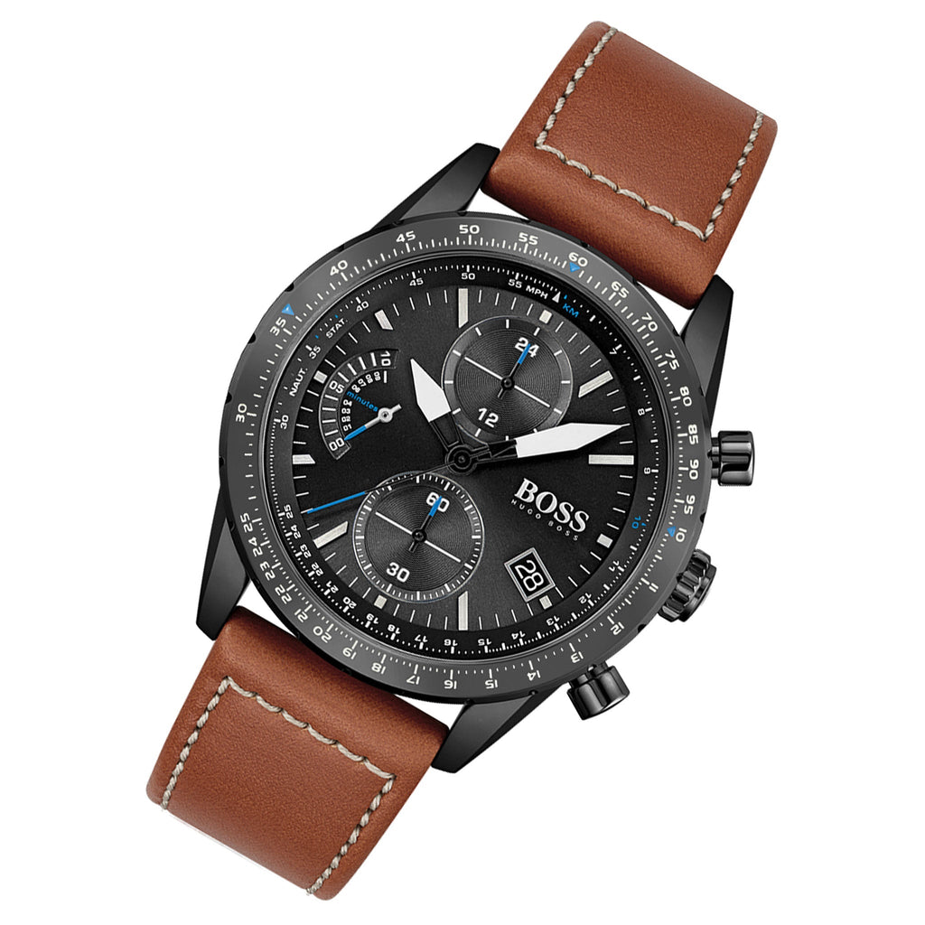 Hugo Boss Pilot Black Dial Brown Leather Strap Watch for Men - 1513851