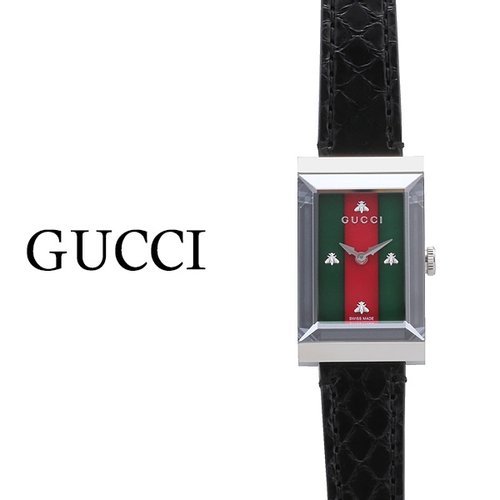 Gucci G-Frame Mother of Pearl Green & Red Dial Black Leather Strap Watch For Women - YA147403