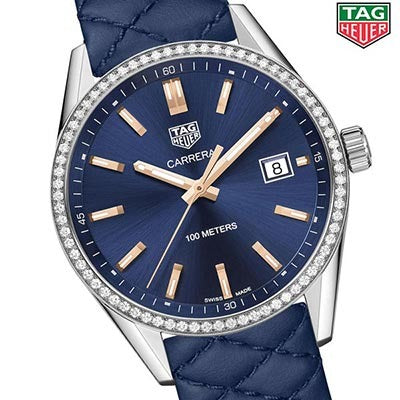 Tag Heuer Carrera Quartz Diamonds Blue Dial Blue Leather Strap Watch for Women - WAR1114.FC6391