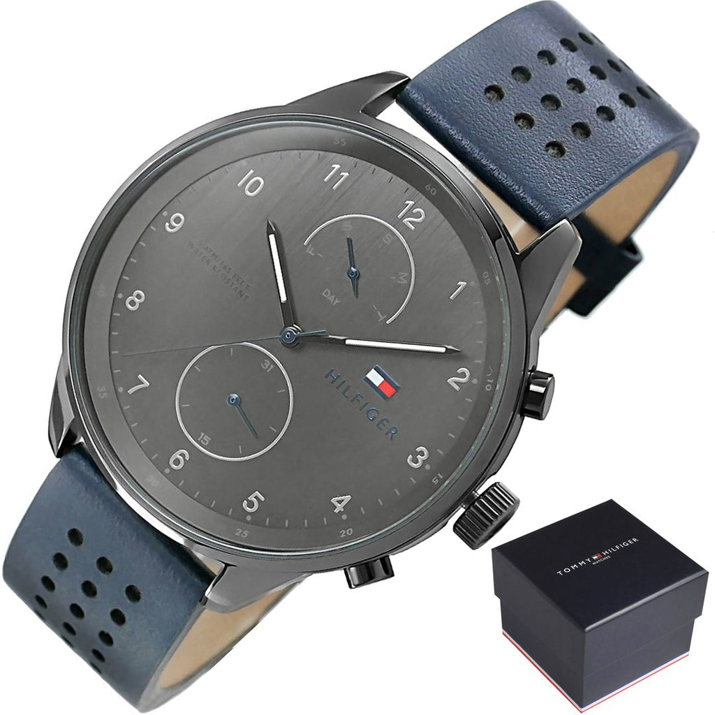 Tommy Hilfiger Chase Grey Dial Blue Leather Strap Watch for Men - 1791578