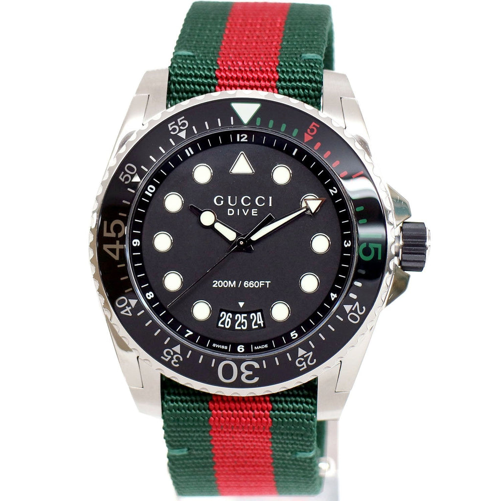 Gucci Dive Black Dial Red & Green Nylon Strap Watch For Men - YA136209