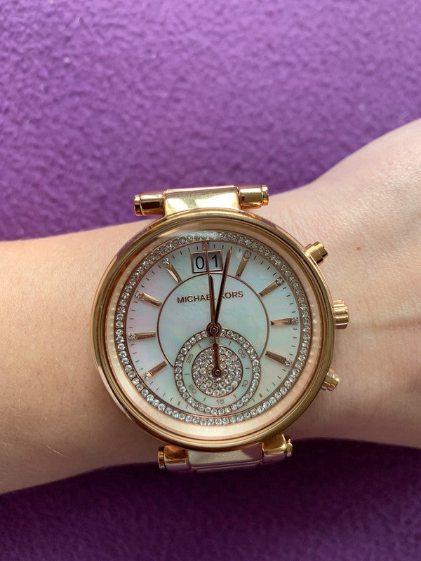 Michael Kors Sawyer Mother of Pearl White Dial Rose Gold Steel Strap Watch for Women - MK6282