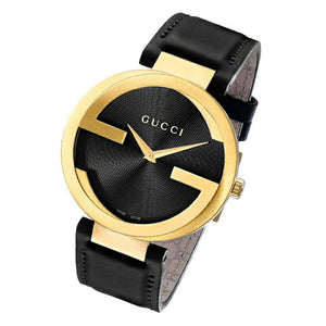 Gucci Interlocking G Gold Black Dial Black Leather Strap Unisex Watch - YA133326