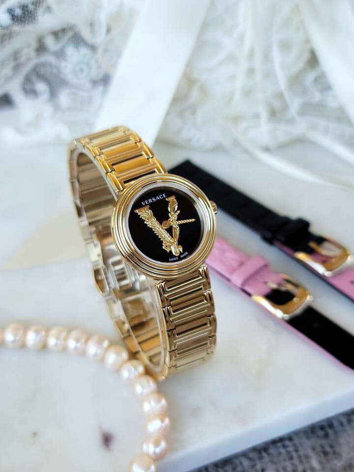 Versace V Virtus Quartz Black Dial Gold Steel Strap Watch For Women - VET300121