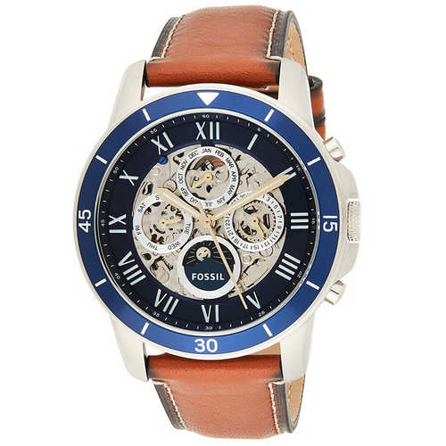 Fossil Grant Sport Automatic Skeleton Blue Dial Brown Leather Strap Watch for Men - ME3140