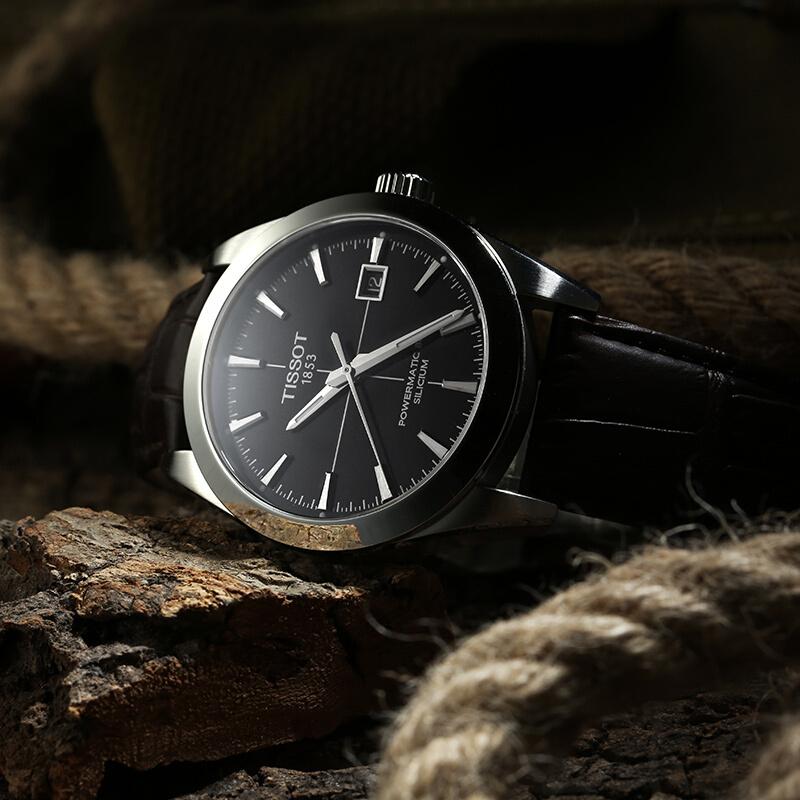 Tissot Gentleman Powermatic 80 Silicium Black Dial Brown Leather Strap Watch For Men - T127.407.16.051.01