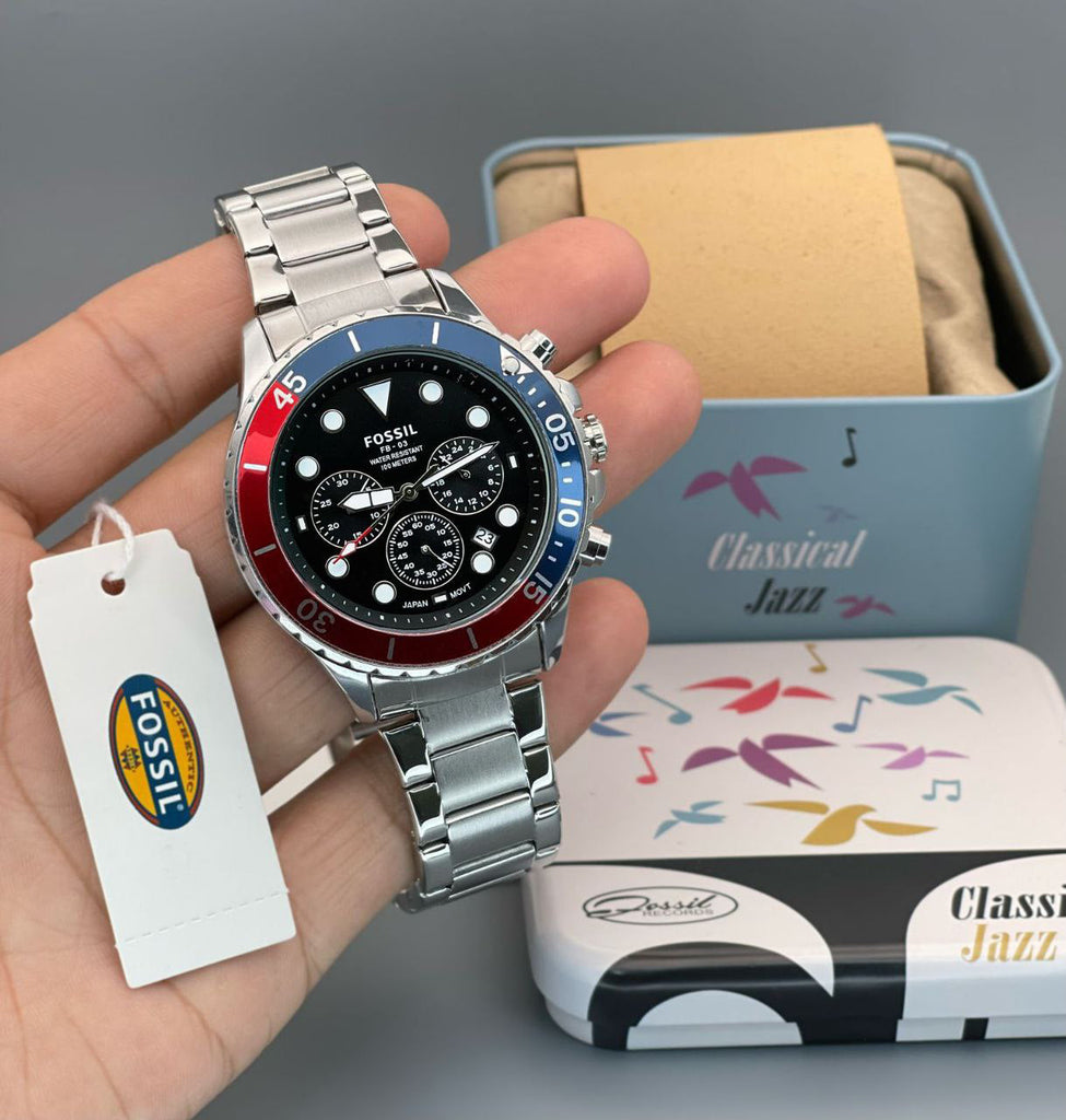 Fossil FB-03 Chronograph Black Dial Silver Steel Strap Watch for Men - FS5767