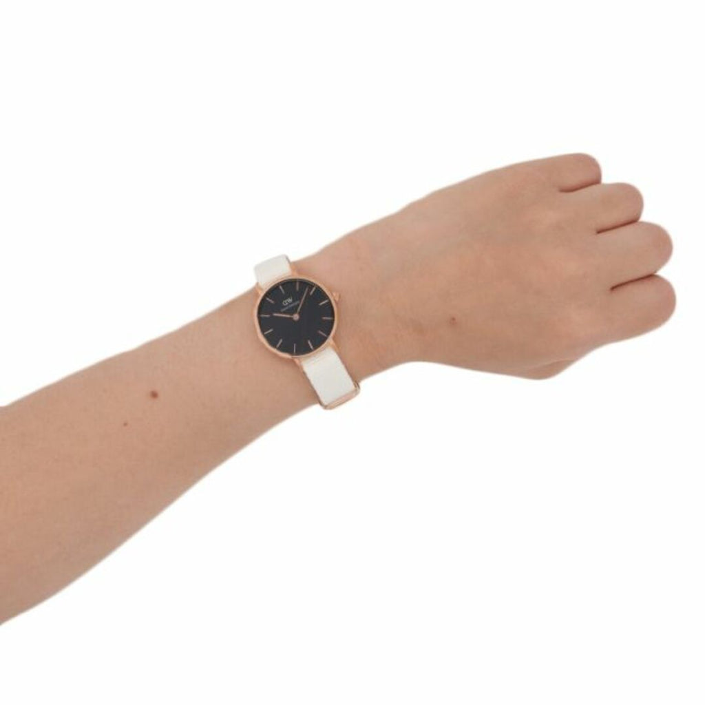 Daniel Wellington Classic Petite Dover Black Dial White NATO Strap Watch For Women - DW00100314
