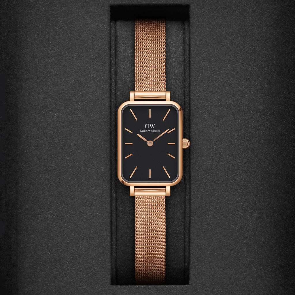 Daniel Wellington Quadro Melrose Black Dial Rose Gold Mesh Bracelet Watch For Women - DW00100432