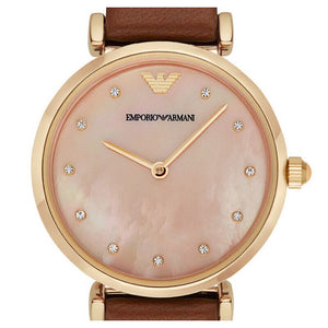 Emporio Armani Gianni T Bar Quartz Pink Mother of Pearl Dial Brown Leather Strap Watch For Women - AR1960