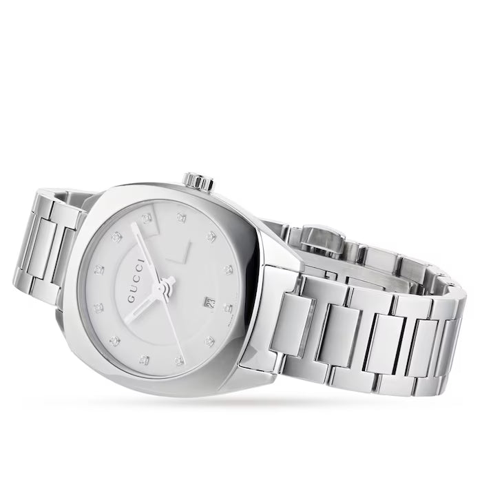 Gucci G Frame Quartz Diamonds Silver Dial Silver Steel Strap Watch For Women - YA142504