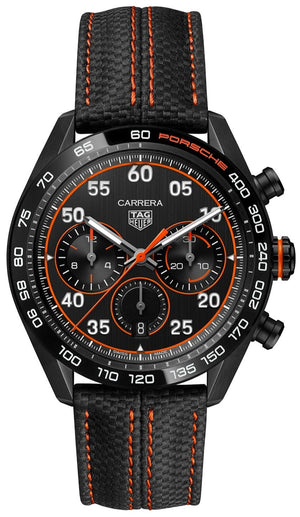 Tag Heuer Carrera Chronograph Porsche Orange Racing 44mm Black Dial Black Nylon Strap Watch for Men - CBN2A1M.FC6526