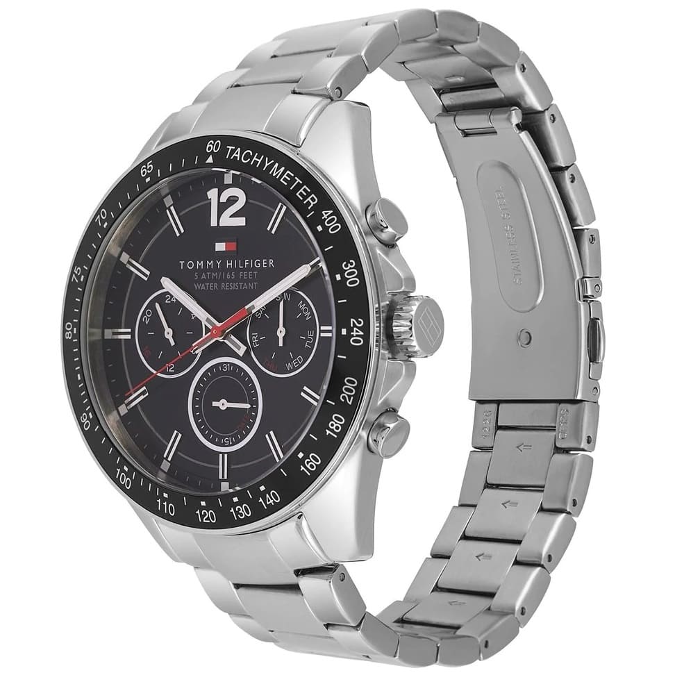 Tommy Hilfiger Luke Chronograph Black Dial Silver Steel Strap Watch for Men - 1791104