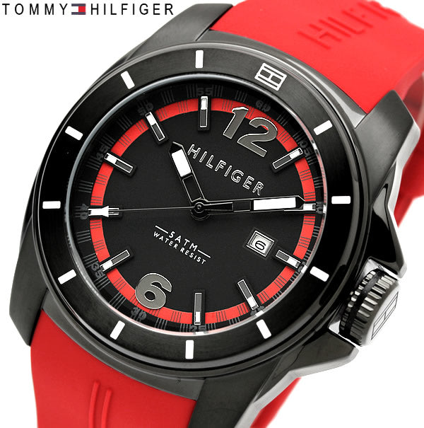 Tommy Hilfiger Windsurf Black Dial Red Rubber Strap Watch for Men - 1791112