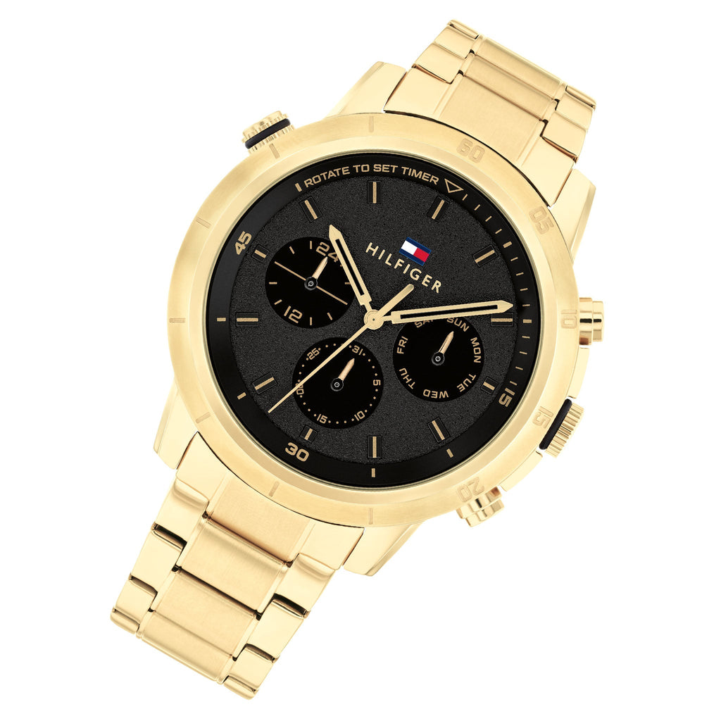 Tommy Hilfiger Troy Chronograph Black Dial Gold Steel Strap Watch For Men - 1792109