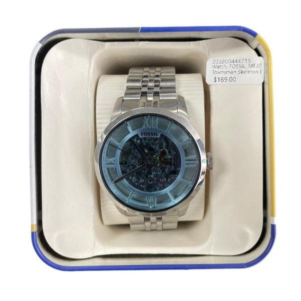 Fossil Townsman Automatic Skeleton Blue Dial Silver Steel Strap Watch for Men - ME3073