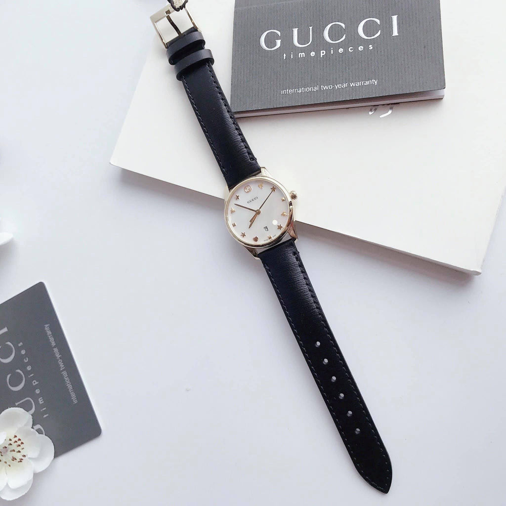 Gucci G-Timeless Mother of Pearl Dial Black Leather Strap Watch For Women - YA126589