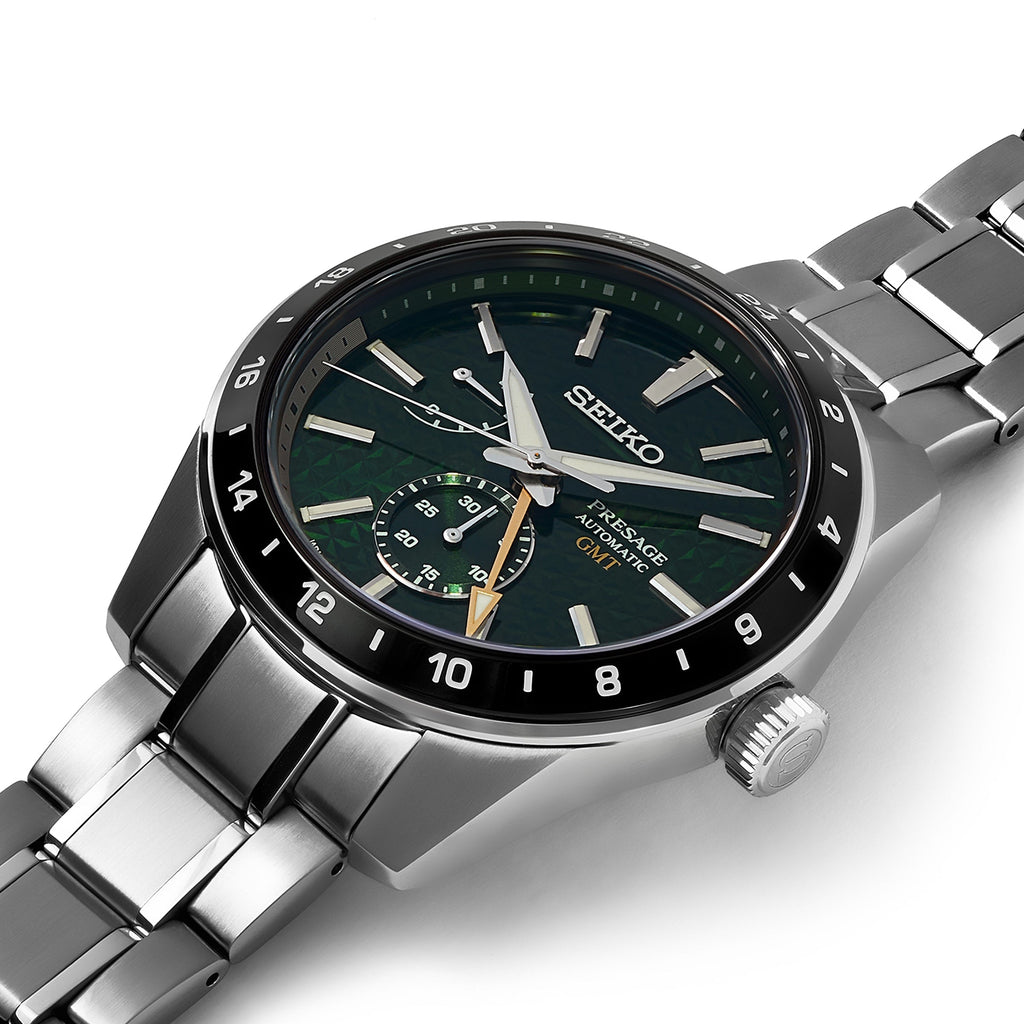 Seiko Presage Sharp Edged Series GMT Green Dial Silver Steel Strap Watch For Men - SPB219J1