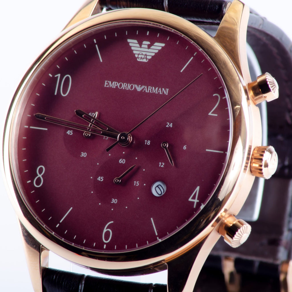 Emporio Armani Classic Chronograph Burgundy Dial Brown Leather Strap Watch For Men - AR1890