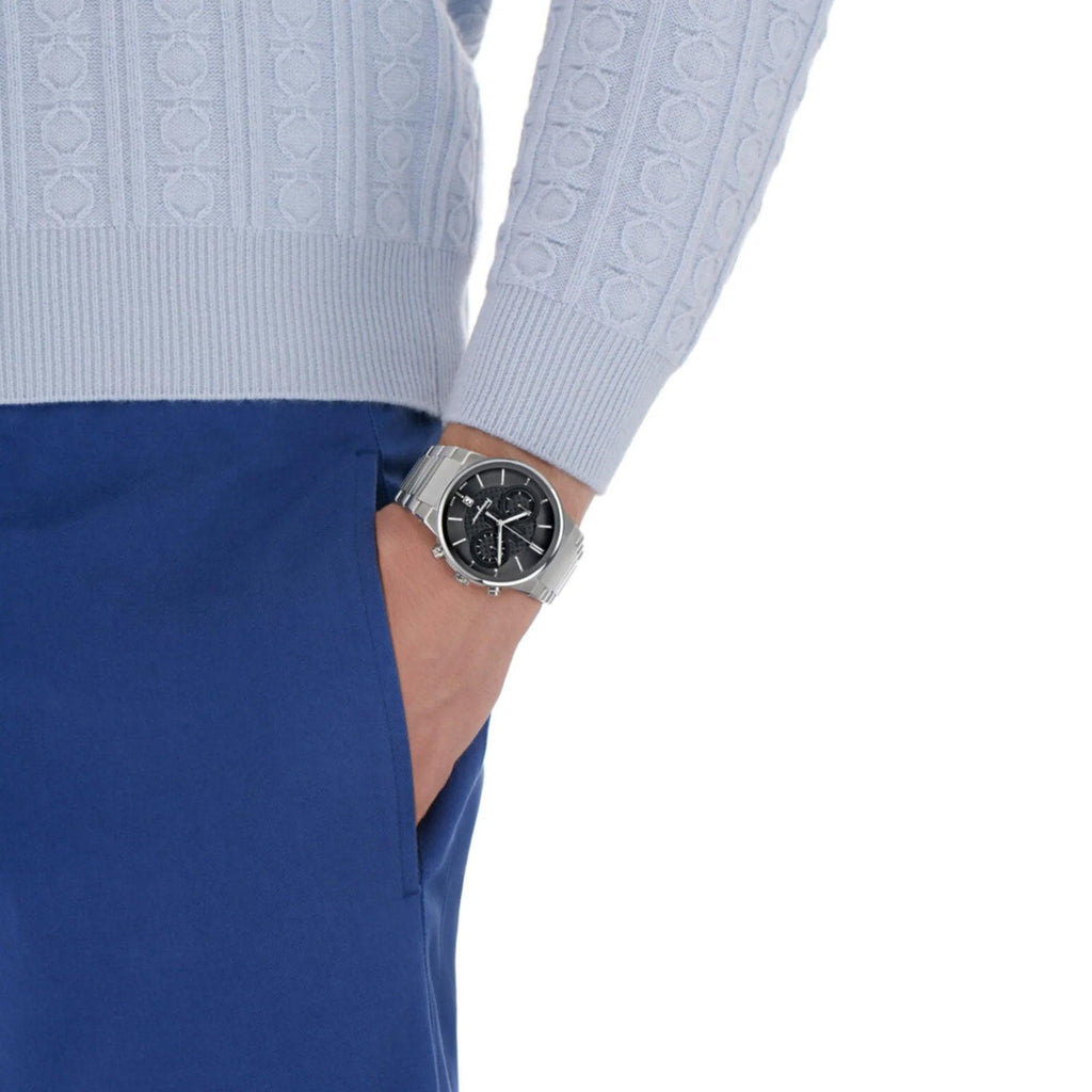 Salvatore Ferragamo Sapphire Chrono Black Dial Silver Steel Strap Watch for Men - SFME00321