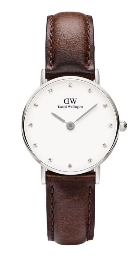 Daniel Wellington Classy Bristol White Dial Brown Leather Strap Watch For Women - DW00100070