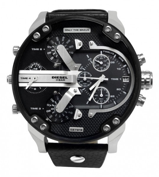 Diesel Mr Daddy Chronograph Black Dial Black Leather Strap Watch For Men - DZ7313