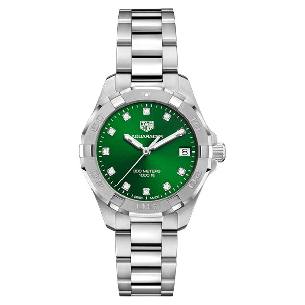 Tag Heuer Aquaracer Diamonds Emerald Green Dial Silver Steel Strap Watch for Women - WBD1316.BA0740