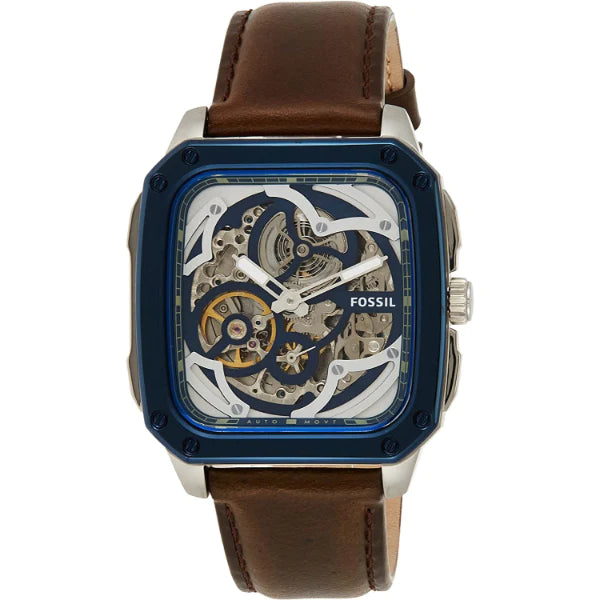 Fossil Inscription Automatic Skeleton Blue Dial Brown Leather Strap Watch for Men - BQ2571