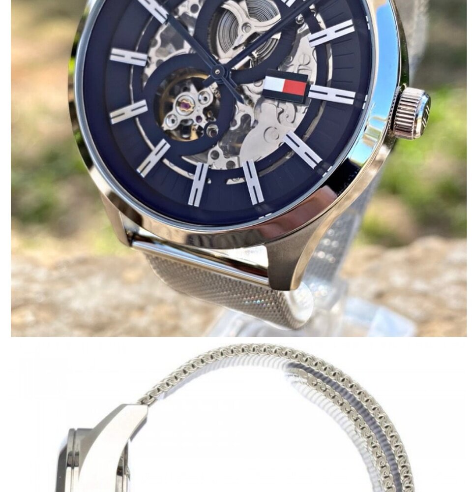 Tommy Hilfiger Spencer Skeleton Black Dial Silver Mesh Bracelet Watch for Men - 1791643