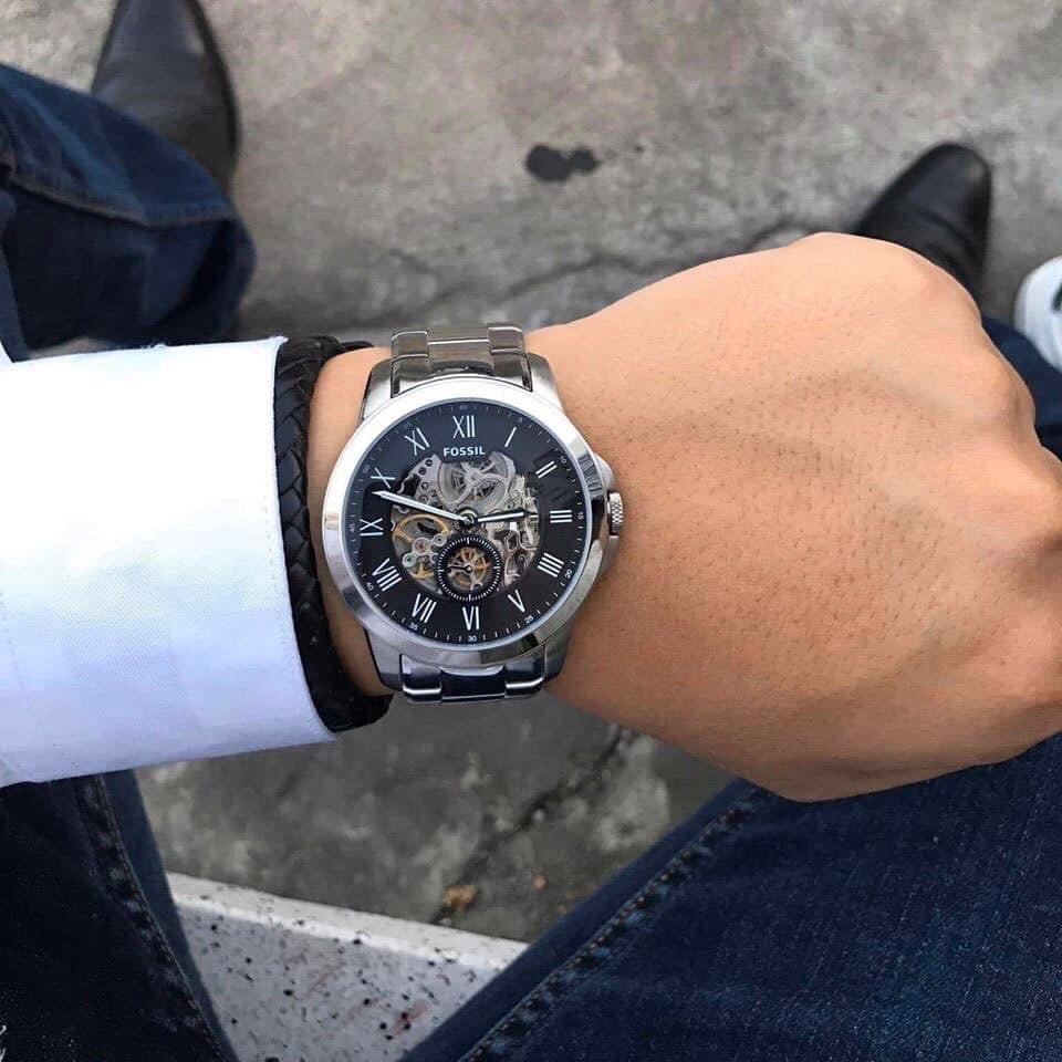 Fossil Grant Automatic Skeleton Black Dial Silver Steel Strap Watch for Men - ME3103