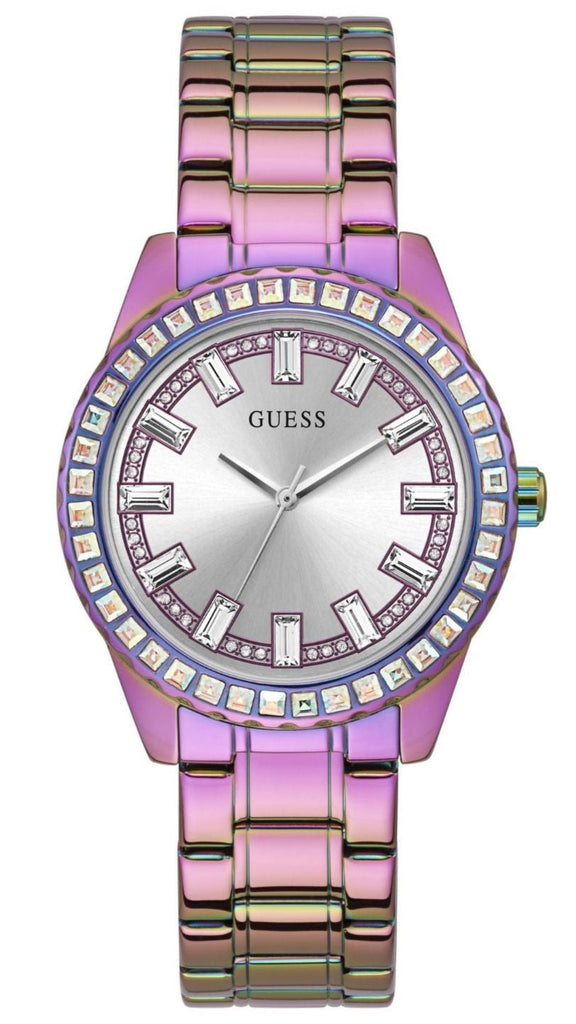Guess Sparkler Silver Dial Purple Steel Strap Watch For Women - GW0111L5
