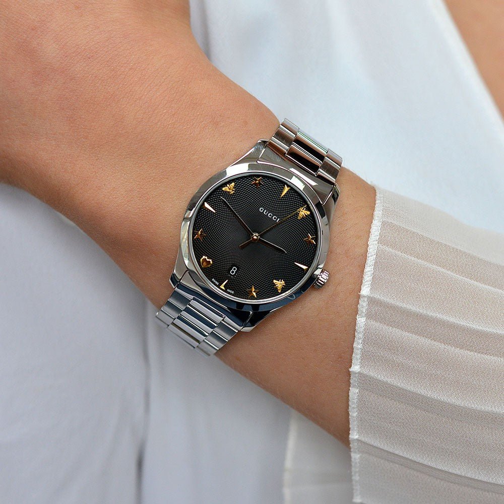 Gucci G Timeless Black Dial Silver Steel Strap Watch For Women - YA1264029