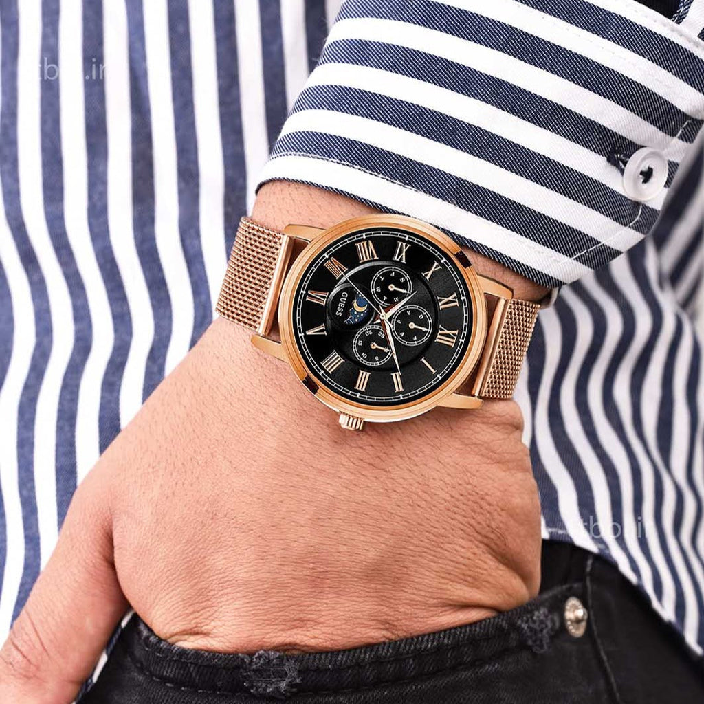 Guess Delancy Black Dial Rose Gold Mesh Bracelet Watch for Men - W0871G5