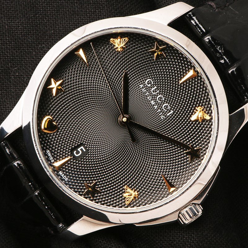 Gucci G Timeless Automatic Black Dial Black Leather Strap Watch For Women - YA126469