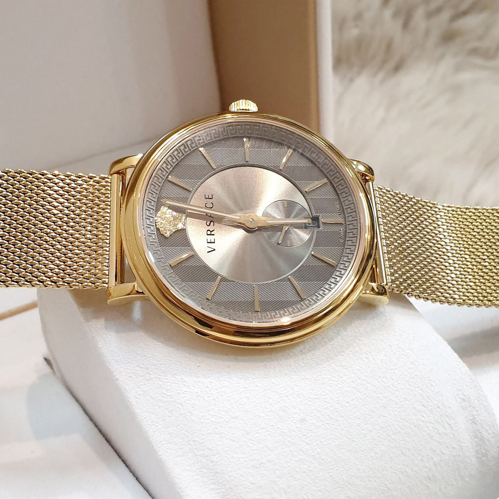 Versace V Circle Quartz Gold Dial Gold Mesh Bracelet Watch For Men - VBQ070017