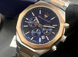 Maserati Stile Chronograph Blue Dial Rose Gold Two Tone Strap Watch For Men - R8873642002