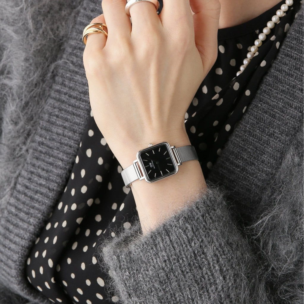 Daniel Wellington Quadro Studio Black Dial Silver Mesh Strap Watch For Women - DW00100522
