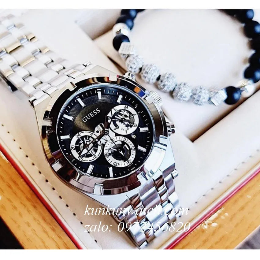 Guess Trophy Chronograph Diamonds Black Dial Silver Steel Strap Watch for Men - GW0390G1